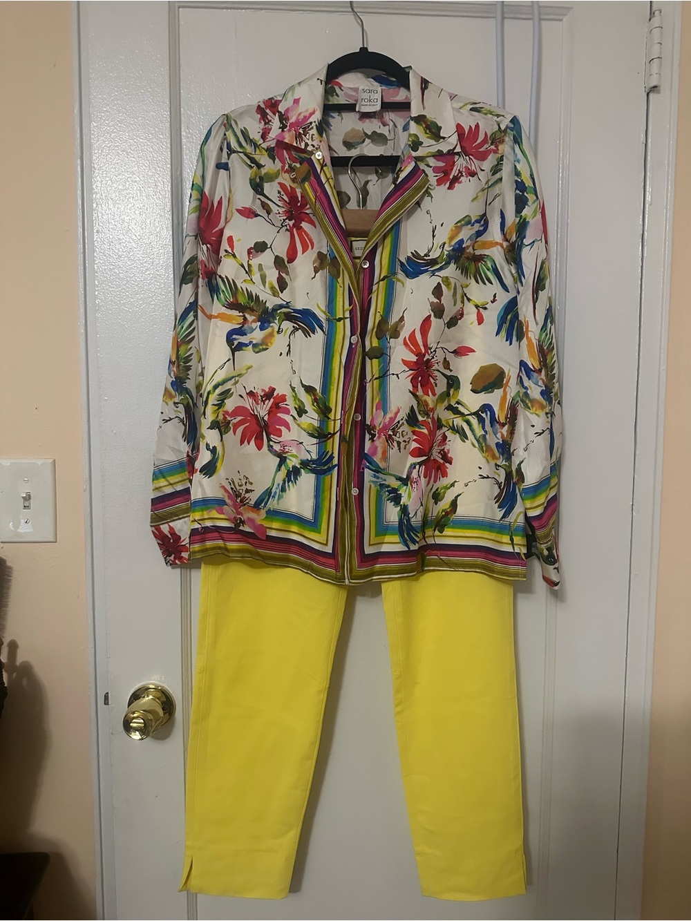 Sara Roka Yellow Cropped Pants with Floral Button-Front Blouse